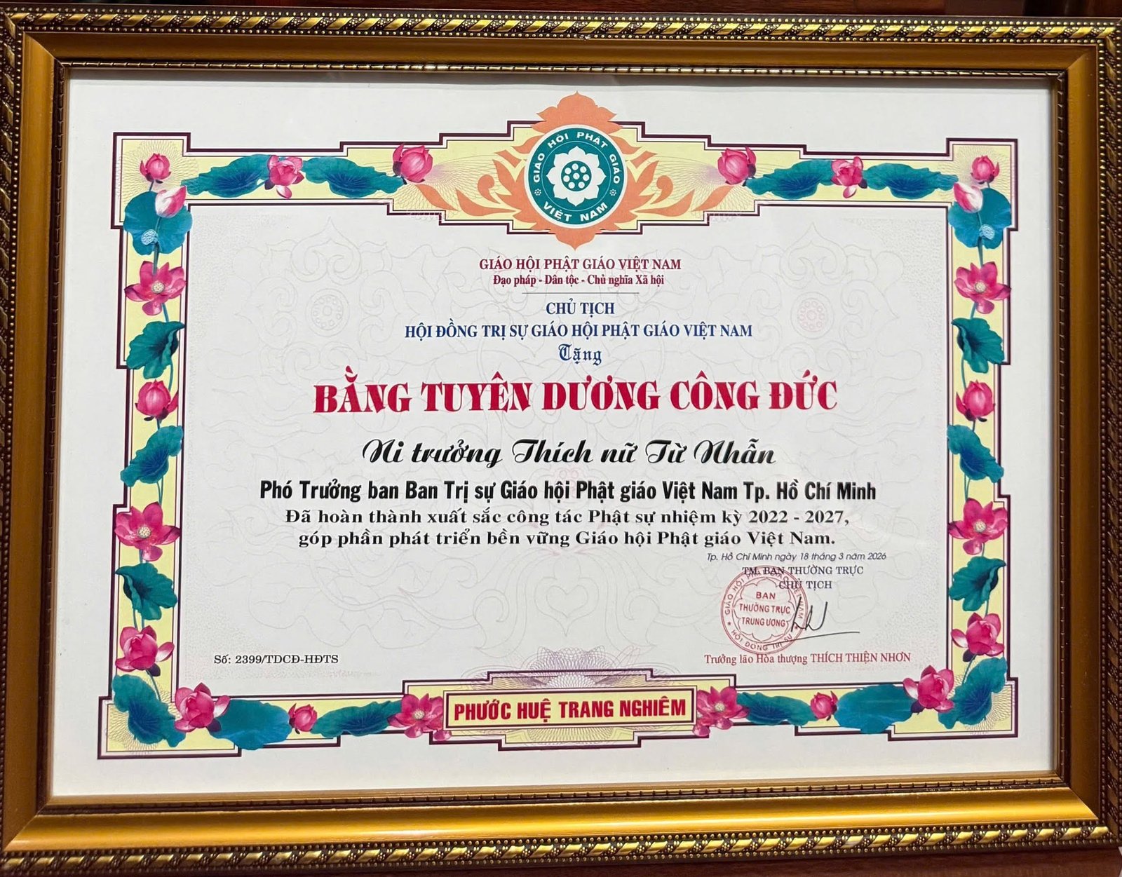 Bằng Tuyên dương Công đức của GHPGVN